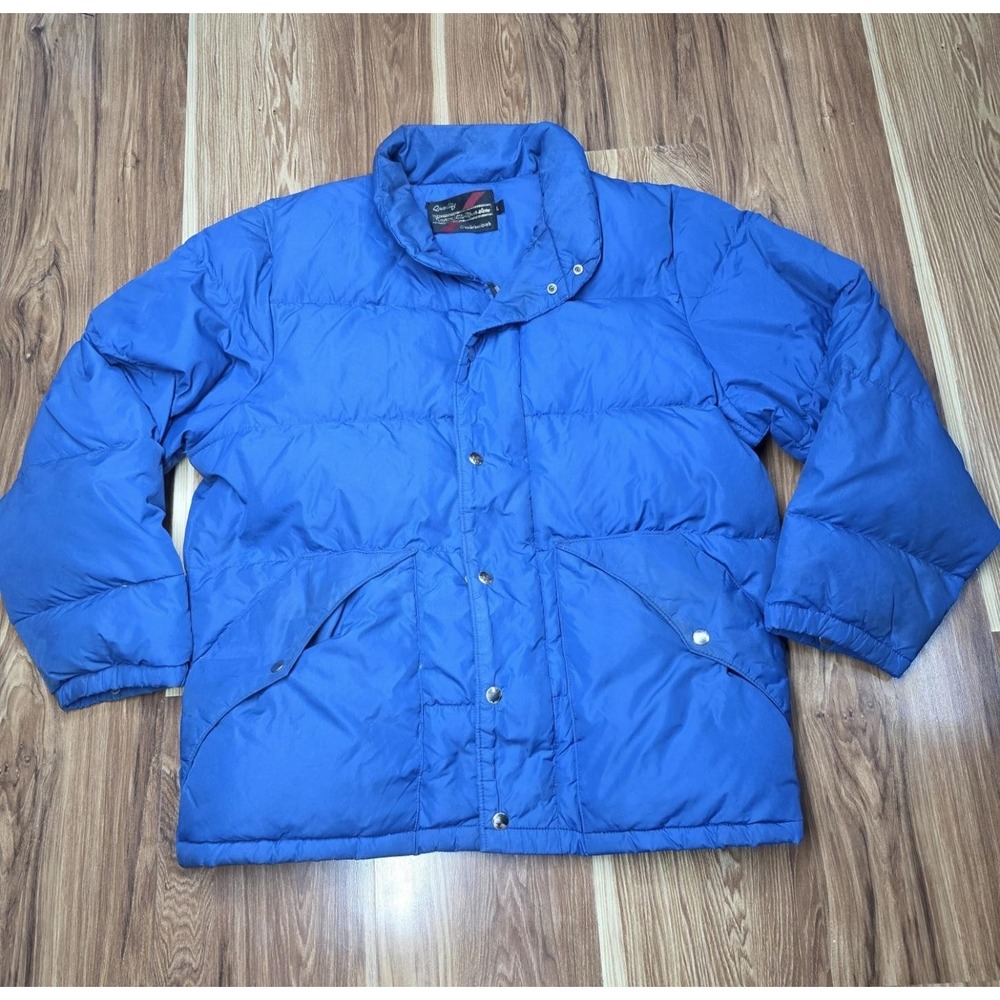 Vtg Sears Down Puffer Jacket Mens Large Blue Winter Coat Snap Front Quilted 80s